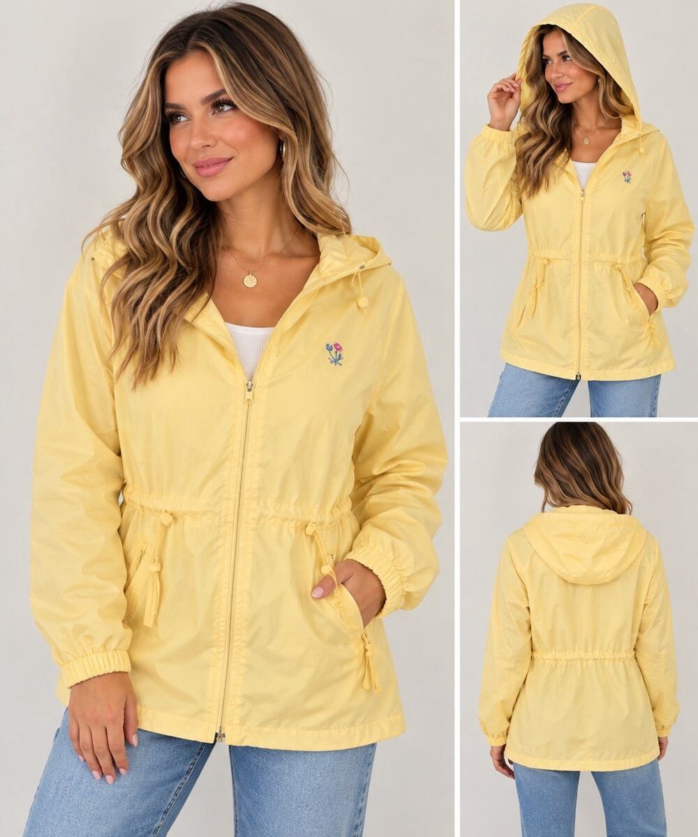 Vintage Yellow Hooded Rain Jacket Women’s Large Floral Embroidered Windbreaker M